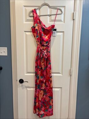 Tahari One-Shoulder Floral Maxi Dress in Pink and Coral (NWT)